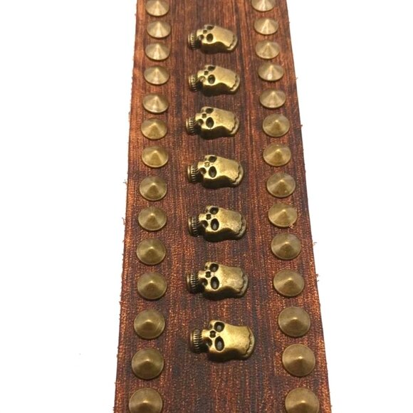 Skull and Spiked Brown Leather Bracelet-New 9 Inches Unisex - Picture 5 of 8